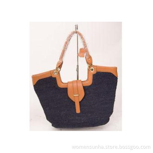 Navy Raffia Beach Bag / Raffia Straw Leather Trim Handbag F